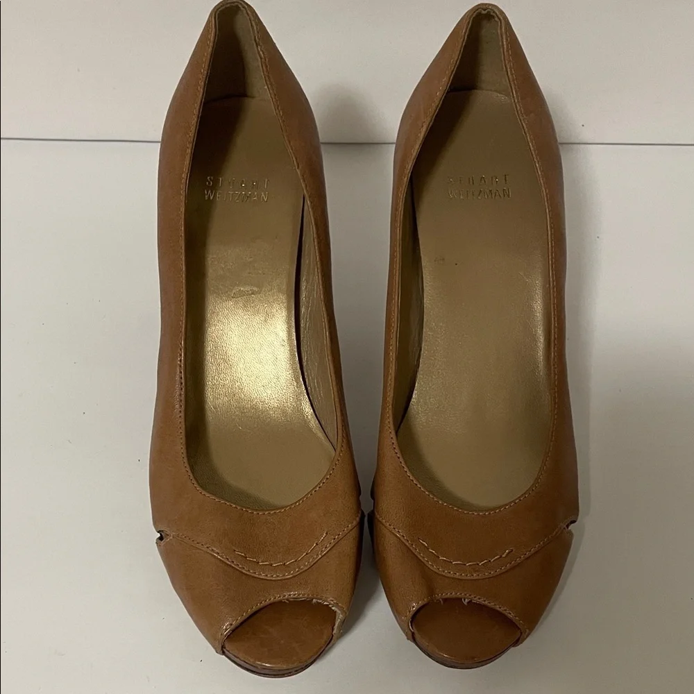 Stuart Weitzman Tan Peep-Toe Heels
